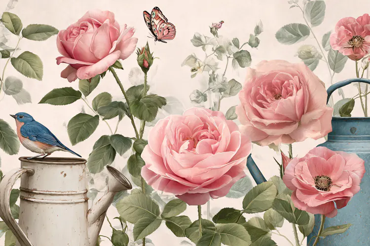 Watercolor illustration of pink roses with a blue bird