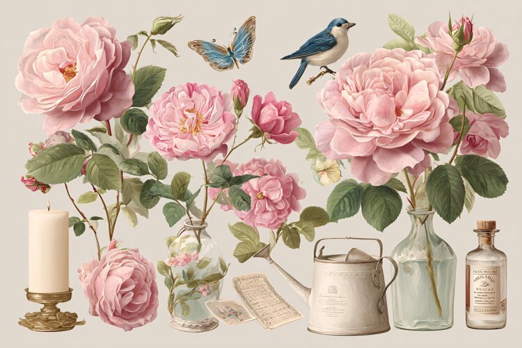 Watercolor illustration of pink roses with a blue bird example image 1