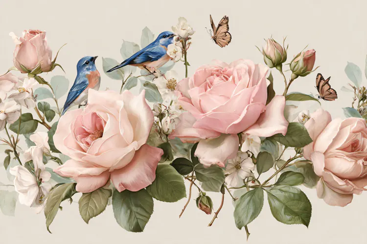 Watercolor illustration of pink roses with a blue bird