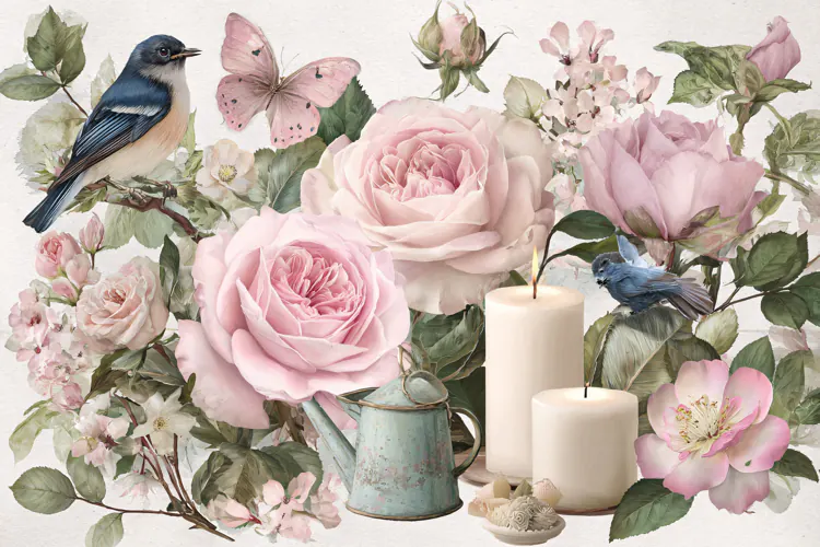 Watercolor illustration of pink roses with a blue bird