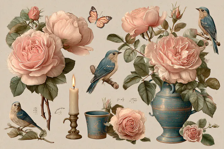 Watercolor illustration of pink roses with a blue bird