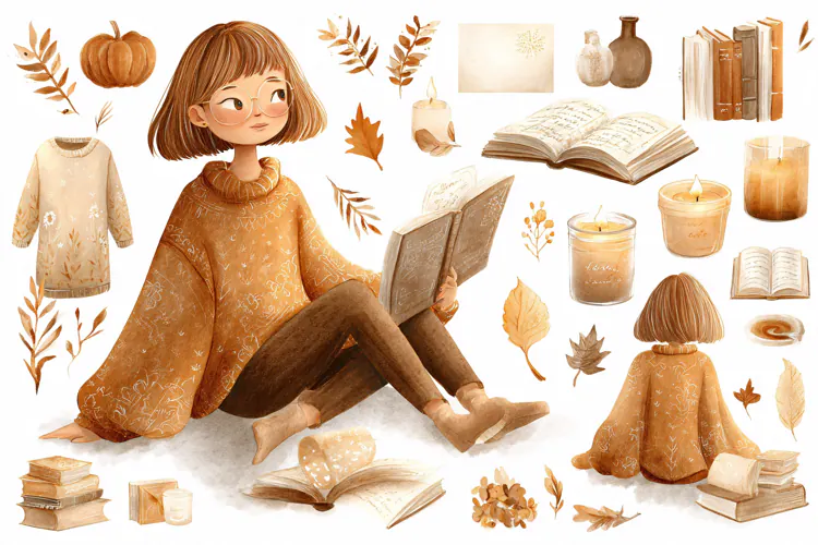 Watercolor illustration of a girl reading a book with autumn