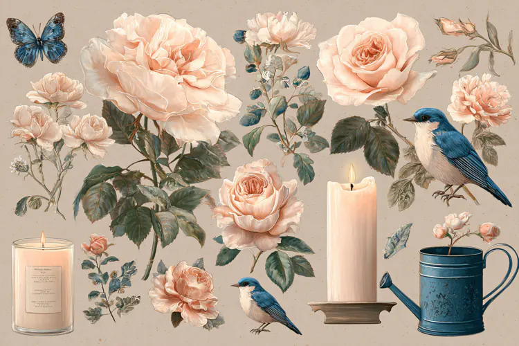 Watercolor illustration of pink roses with a blue bird