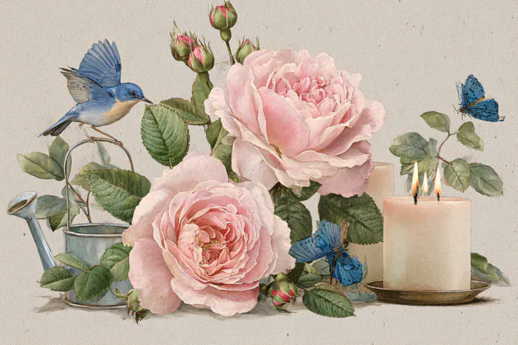 Watercolor illustration of pink roses with a blue bird