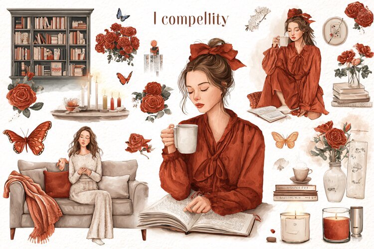 Watercolor illustration of a woman reading and drinking tea example image 1