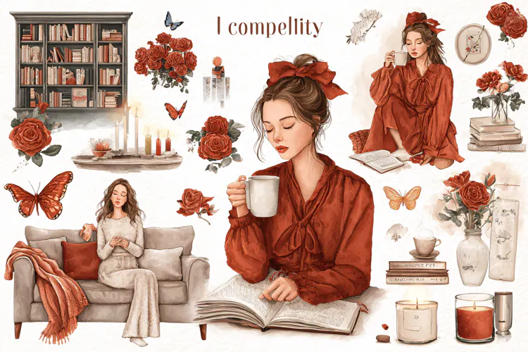 Watercolor illustration of a woman reading and drinking tea