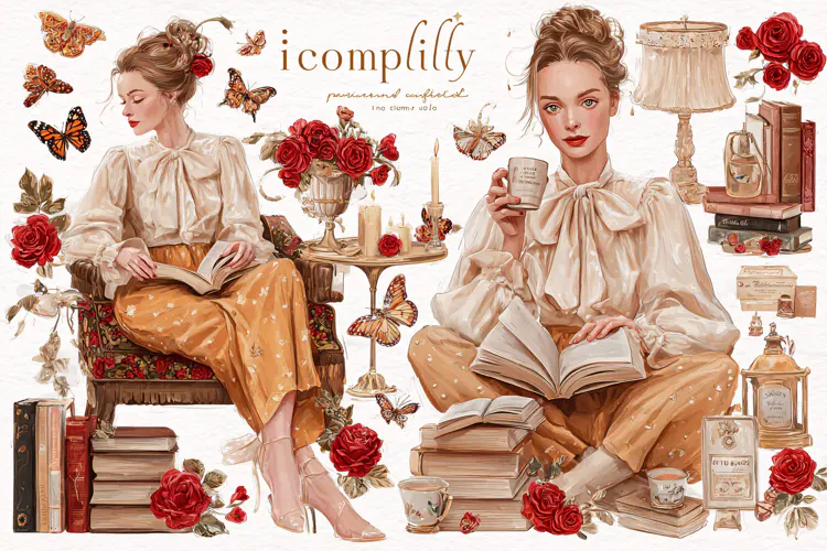Watercolor illustration of a woman reading and drinking tea