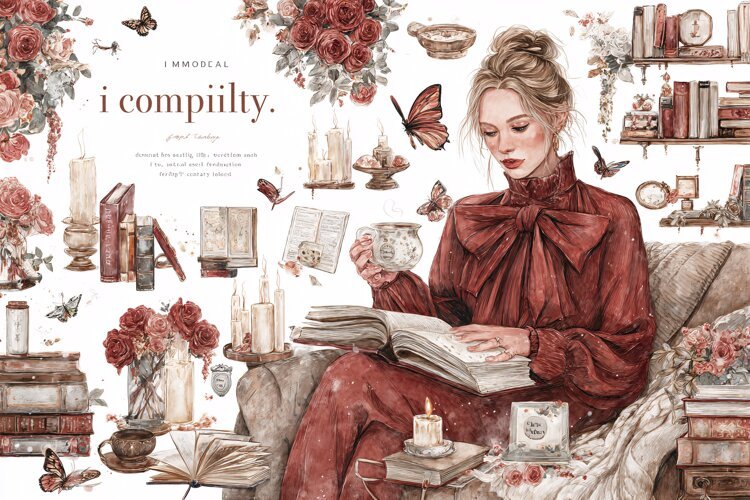 Young woman reading a book in a cozy vintage room Flowers example image 1