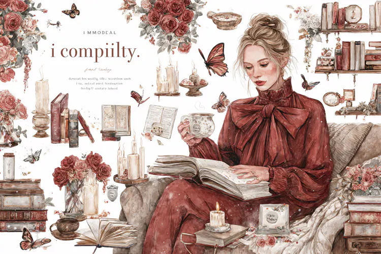 Young woman reading a book in a cozy vintage room Flowers