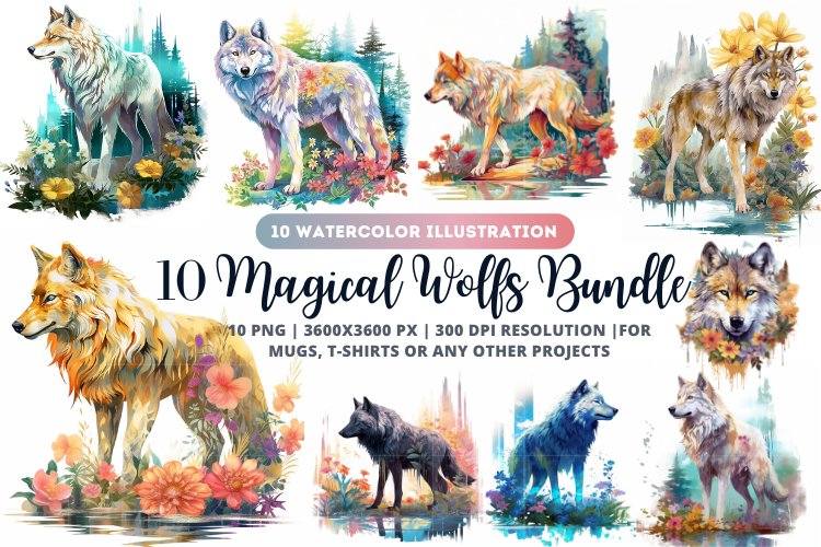 10 Magical Wolf Watercolor Bundle | Wolf bundle |Wolf bundle example image 1