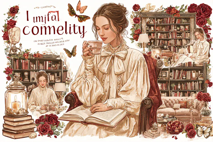 Young woman reading a book cozy vintage room with flowers