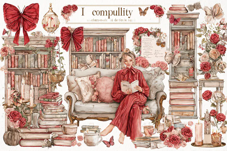 Young woman reading a book in a cozy vintage room flowers