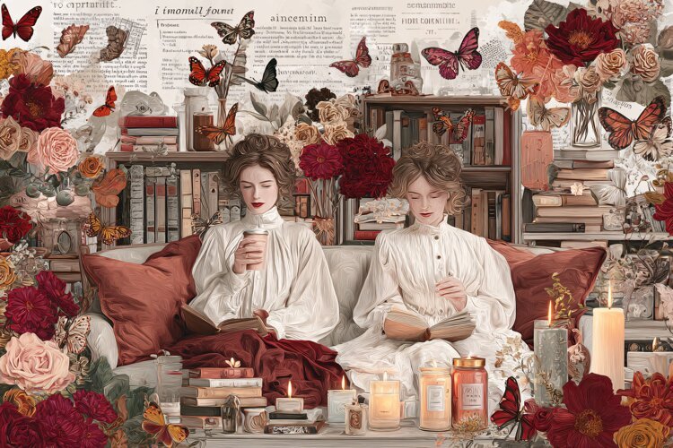 Two women in vintage lace dresses sitting on a sofa example image 1