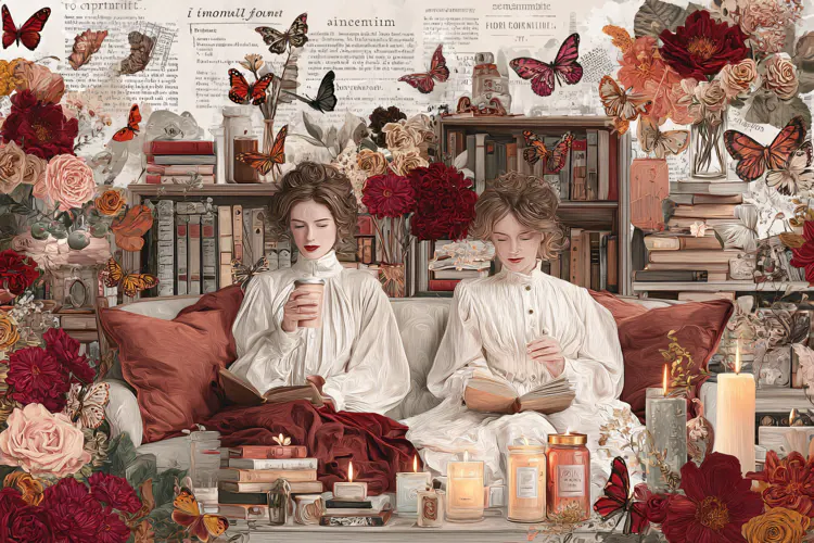 Two women in vintage lace dresses sitting on a sofa