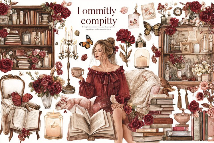 Watercolor illustration of a woman reading books with red example image 1