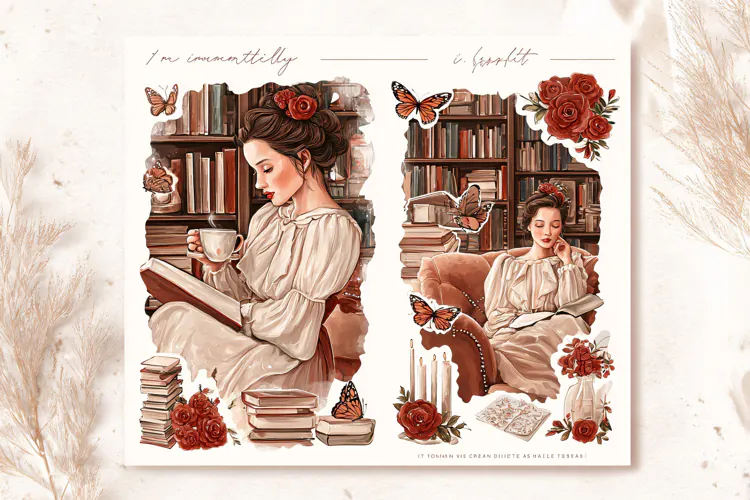 Watercolor illustration of a woman reading in a library