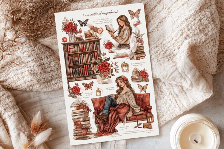 Watercolor illustration of a woman reading in a library example image 1