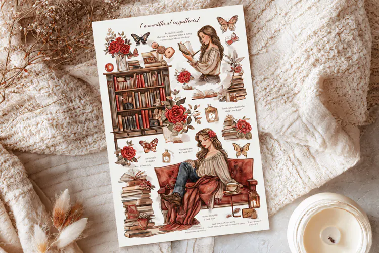 Watercolor illustration of a woman reading in a library