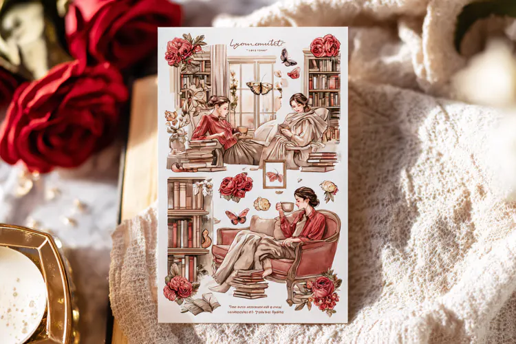 Watercolor illustration of a woman reading in a library