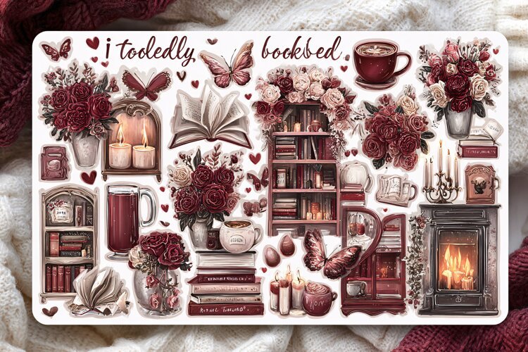 Watercolor collection of cozy dark red library elements example image 1