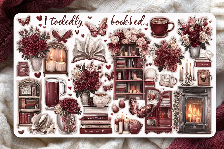Watercolor collection of cozy dark red library elements