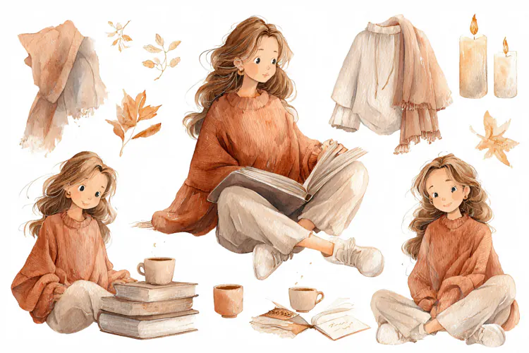 Watercolor illustration of a young woman reading books