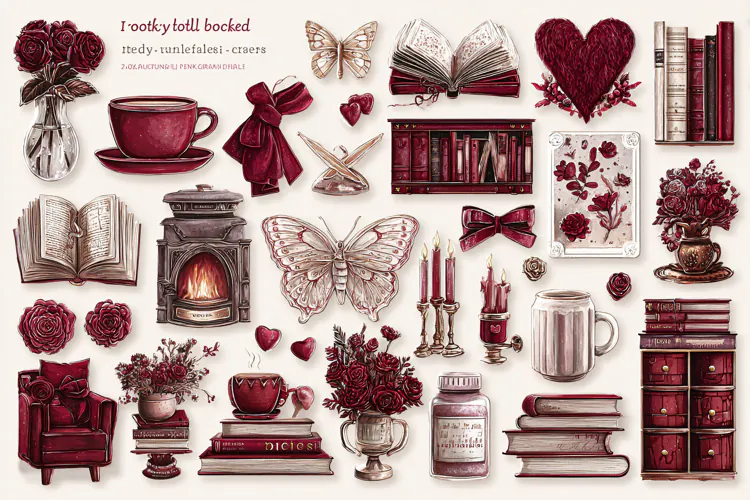 burgundy watercolor illustrations featuring cozy home