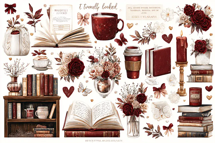 Watercolor collection of books flowers and coffee cups