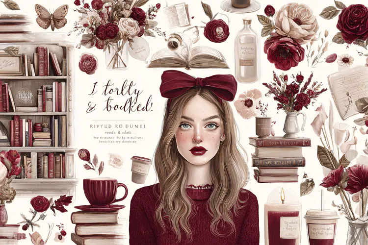 Watercolor illustration of red flowers books and woman