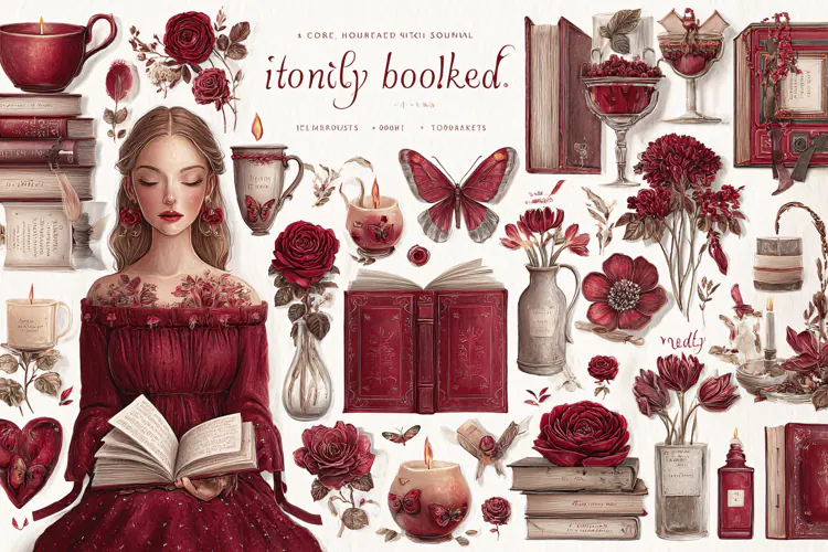 Watercolor illustration of burgundy flowers and vintage