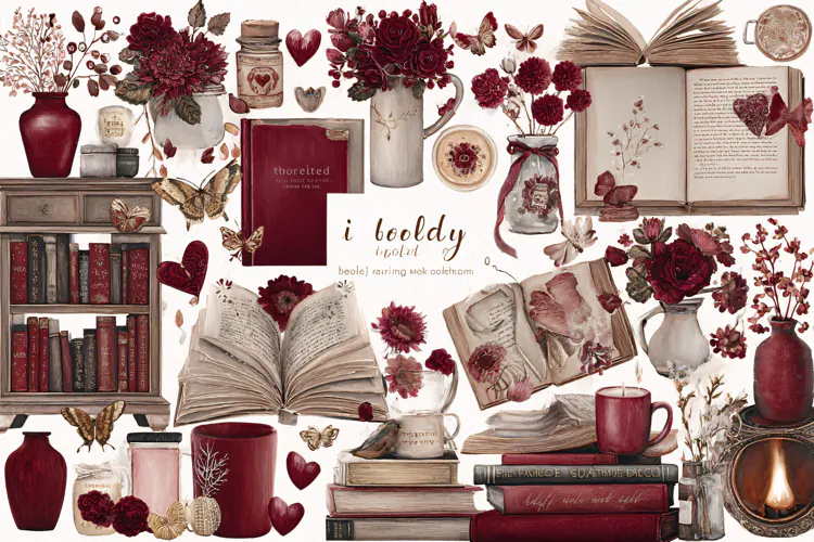 Watercolor illustration of burgundy flowers and vintage
