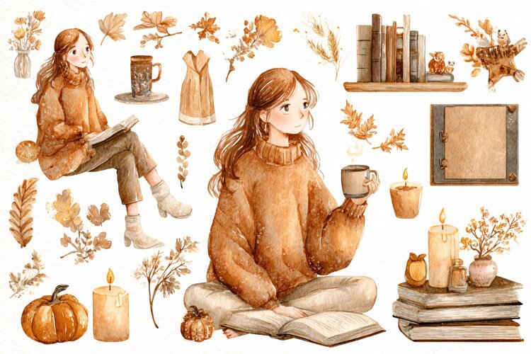 Watercolor illustration of a young woman reading books example image 1