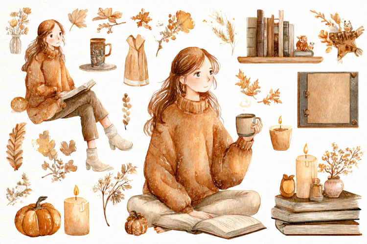 Watercolor illustration of a young woman reading books
