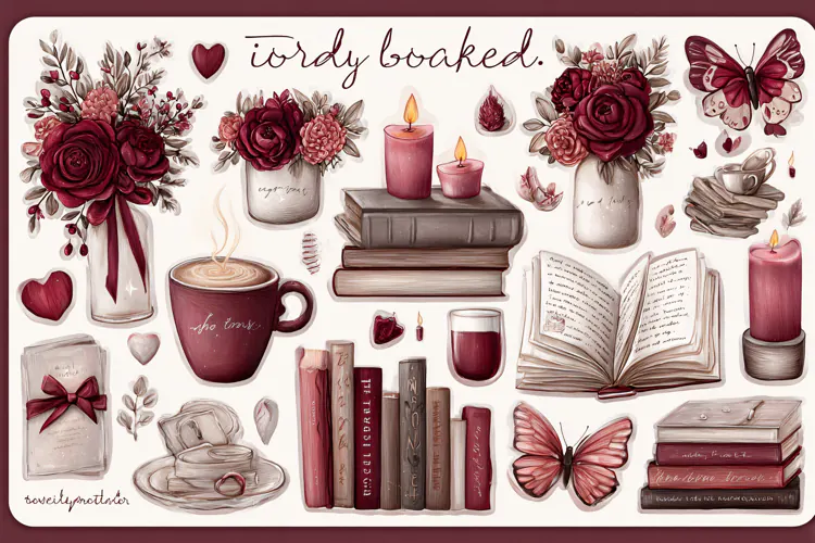 Watercolor illustration of burgundy flowers and books