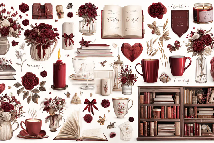 Watercolor collection of romantic burgundy books and flowers