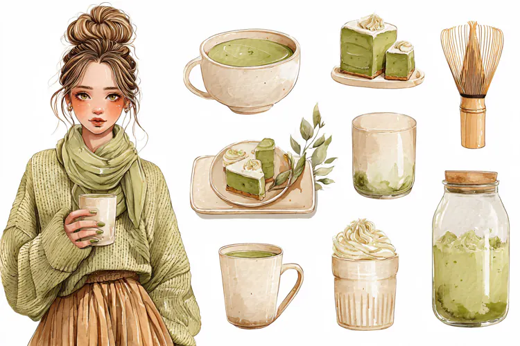Watercolor illustration of a girl drinking matcha tea
