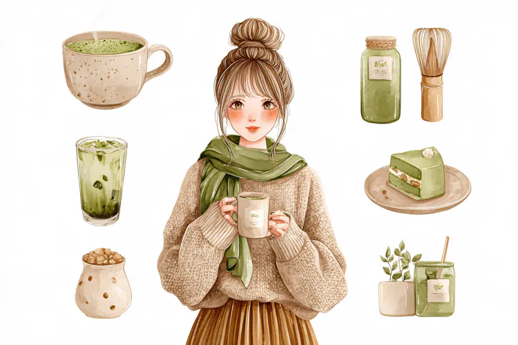 Watercolor illustration of a girl drinking matcha tea