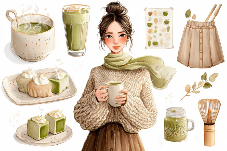 Watercolor illustration of a woman drinking matcha tea