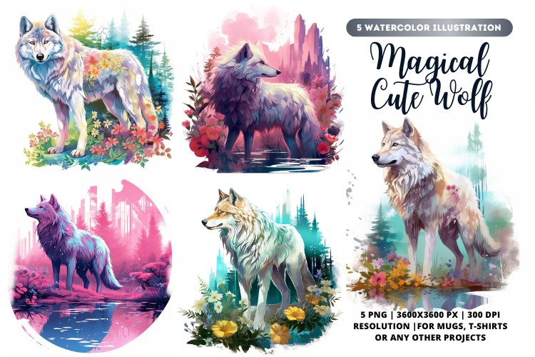 Magical Wolf Watercolor Bundle | Wolf bundle | 5 Wolf png