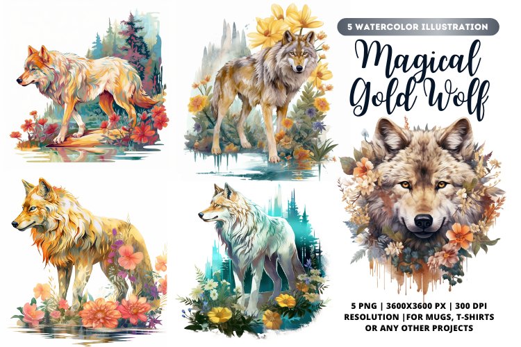 Magical Wolf Watercolor Bundle | Wolf bundle | 5 Wolf bundle example image 1