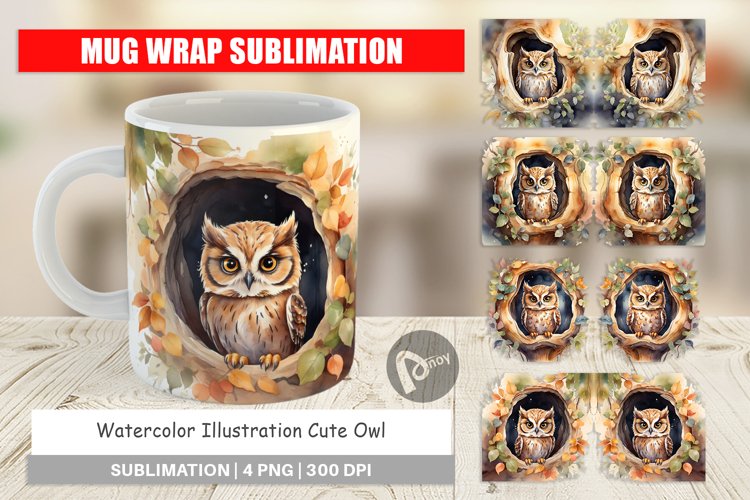 Mug Wrap Design Watercolor Owl