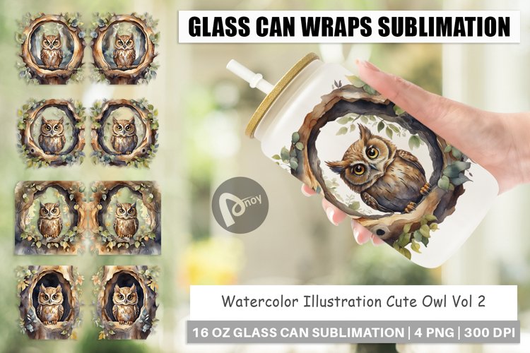 Glass Can Wraps Watercolor Owl