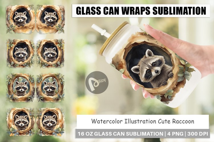 Glass Can Wraps Watercolor Raccoon