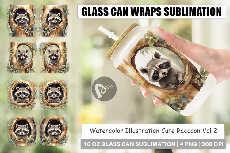 Glass Can Wraps Watercolor Raccoon