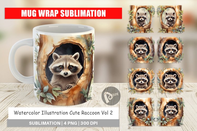 Mug Wrap Design Watercolor Raccoon