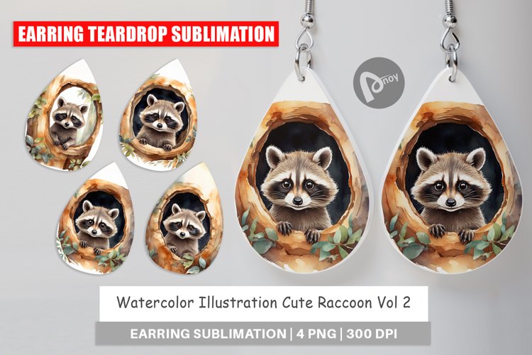 Earring Teardrop Watercolor Raccoon