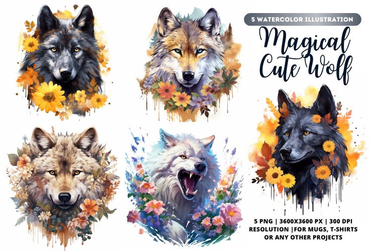 Magical Wolf Watercolor Bundle | Wolf bundle | 5 Wolf png example image 1