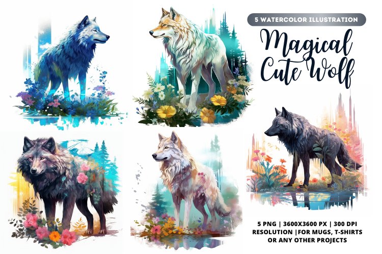 Magical Wolf Watercolor Bundle | Wolf bundle | 5 Wolf bundle example image 1