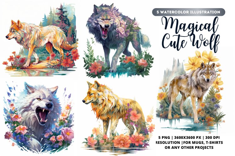 Magical Wolf Watercolor Bundle | Wolf bundle | 5 Wolf png example image 1