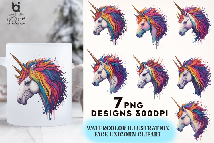 Watercolor Illustration Face Unicorn Clipart, Unicorn Design example image 1